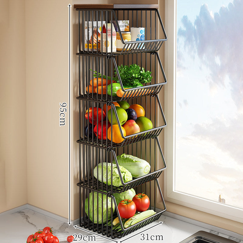 Two-Tier Countertop Vegetable and Pantry Storage Rack with Walnut Wood Top and Sliding Wire Basket