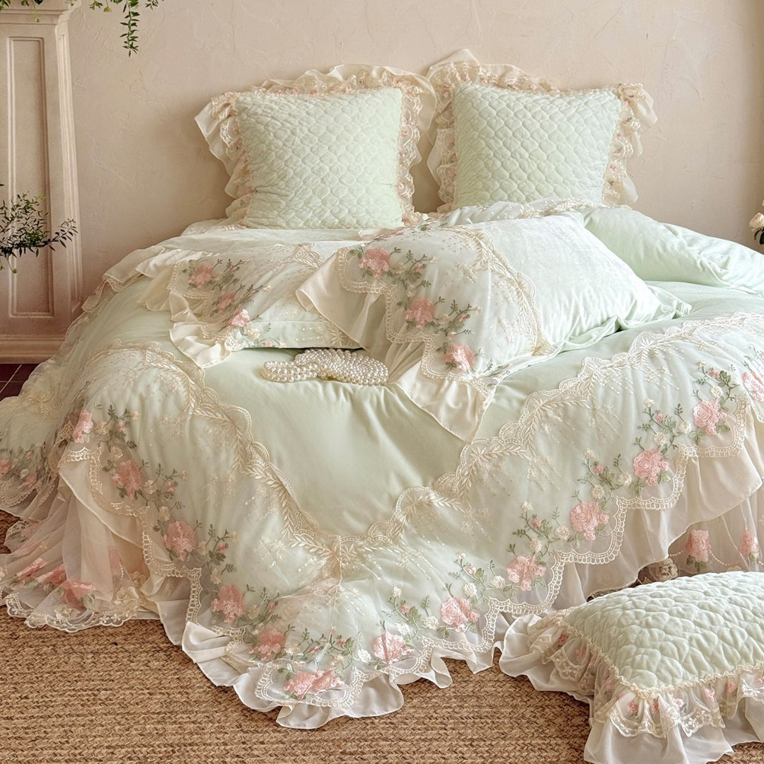Lace-Embroidered Ruffled Quilted Duvet Cover Set with Scalloped Floral Appliqué