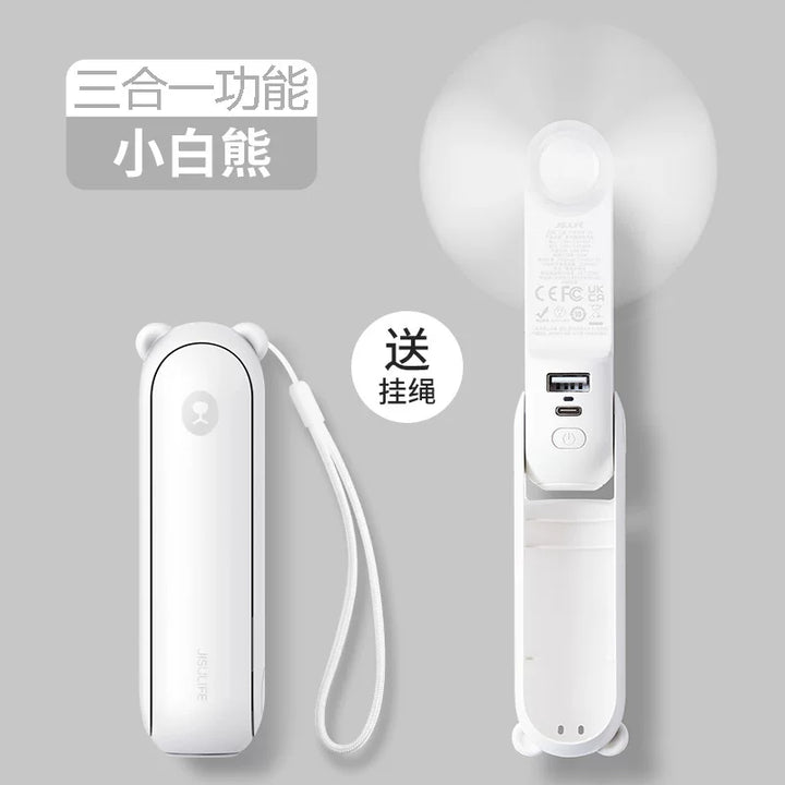 Unisex one size foldable rechargeable triple handheld mini fan with integrated power bank USB-C and USB-A connections as well as wrist strap Stornfield