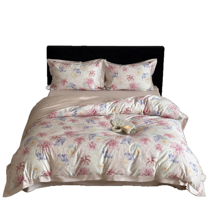 Lightweight Cotton-Sateen Floral Print Duvet Cover Set with Satin-Flange Border & Hidden Zipper