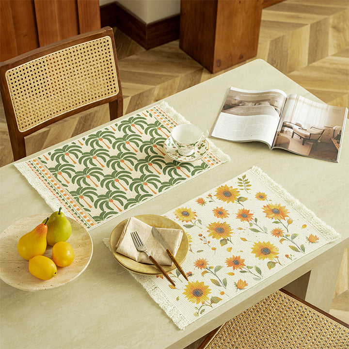 Woven living and beach rug with palm jacquard and decorative fringes Stornfield
