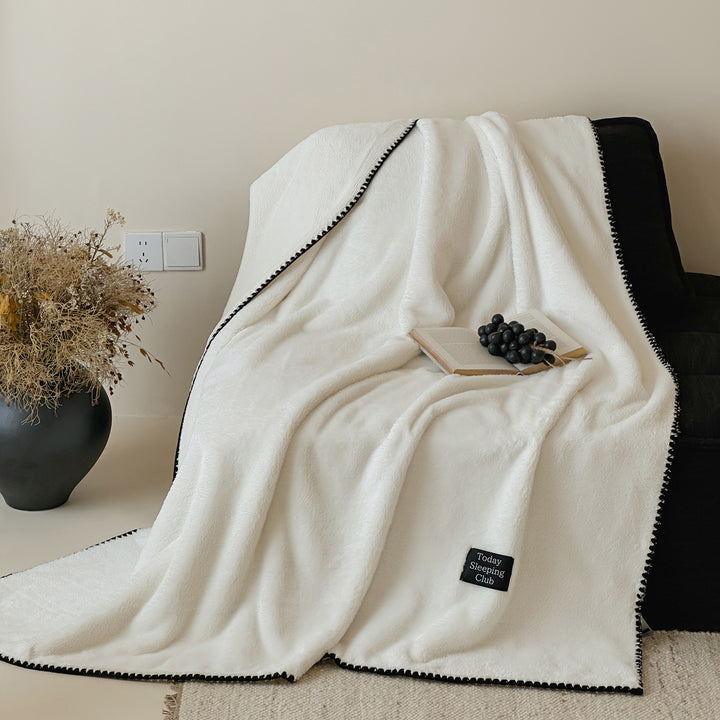 Plush Microfiber Oversized Cozy Throw Blanket with Decorative Pom Trim