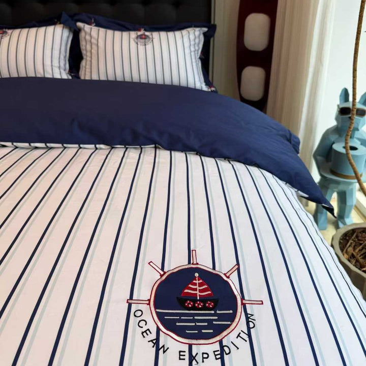 Striped Nautical Cotton Sateen Duvet Cover Set with Embroidered Anchor Details and Ruffled Bed Skirt