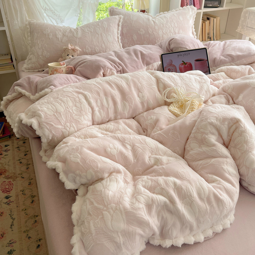 Plush Quilted Floral-Embossed Reversible Comforter Set with Sherpa Lining