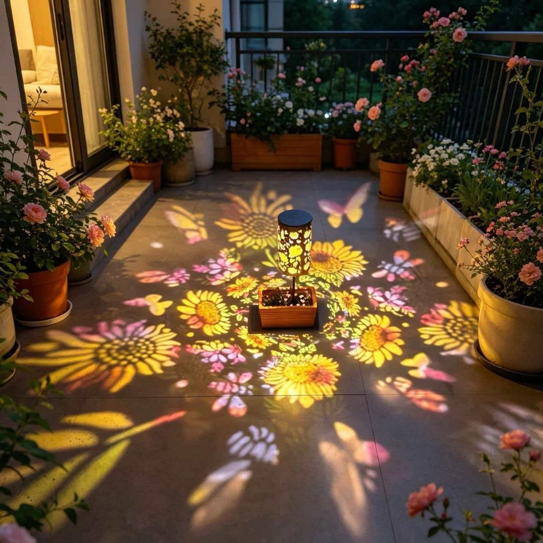 Solar Projection Lantern With Sunflower Floral Metal Cylinder And Hanging Handle Stornfield