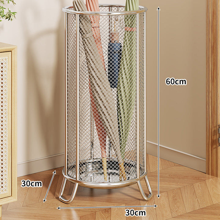 Cylindrical Perforated Metal Umbrella Stand with Raised Legs and Ventilated Mesh Body