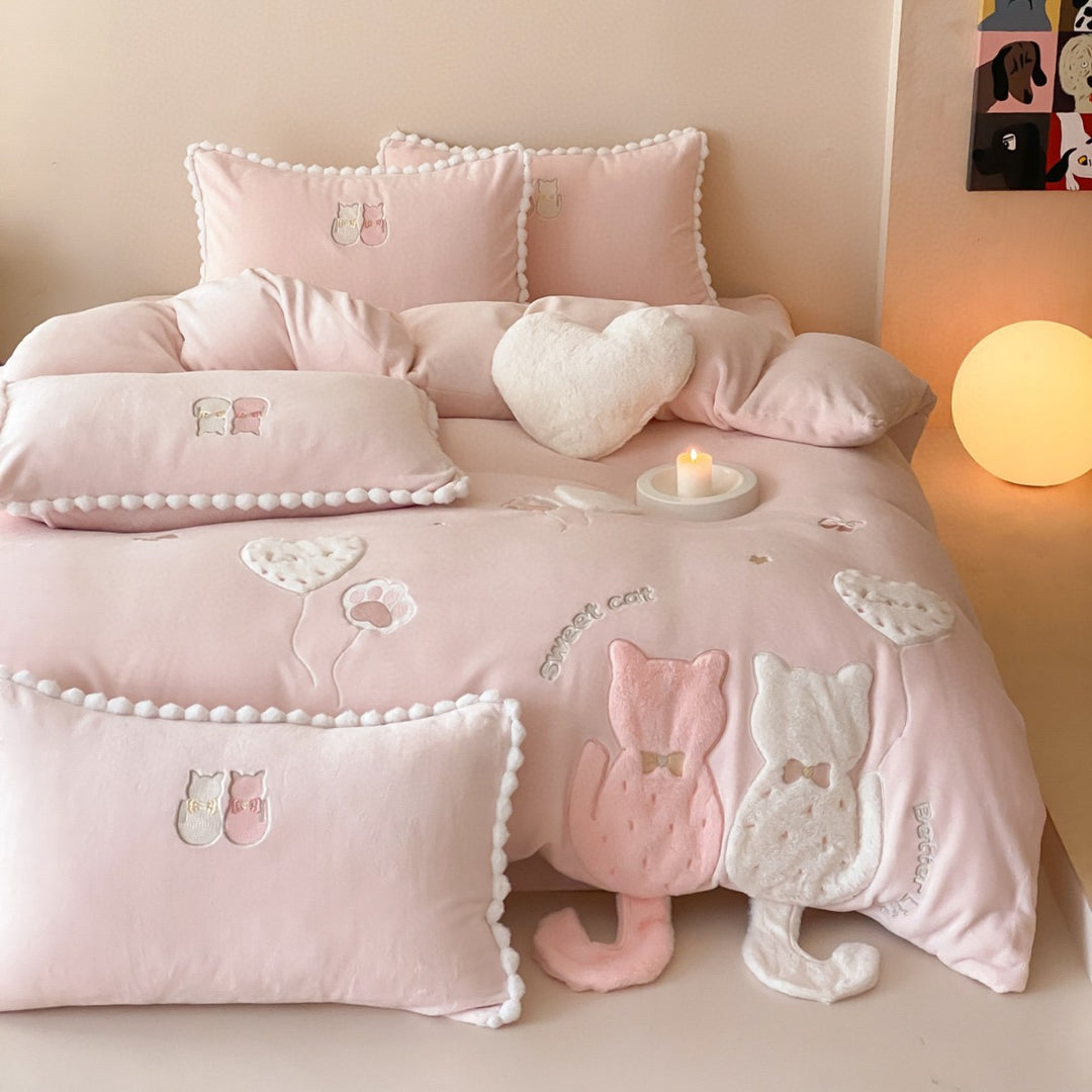Plush Embroidered Cat Appliqué Duvet Cover Set with Pom-Pom Trim and Heart Throw Pillow