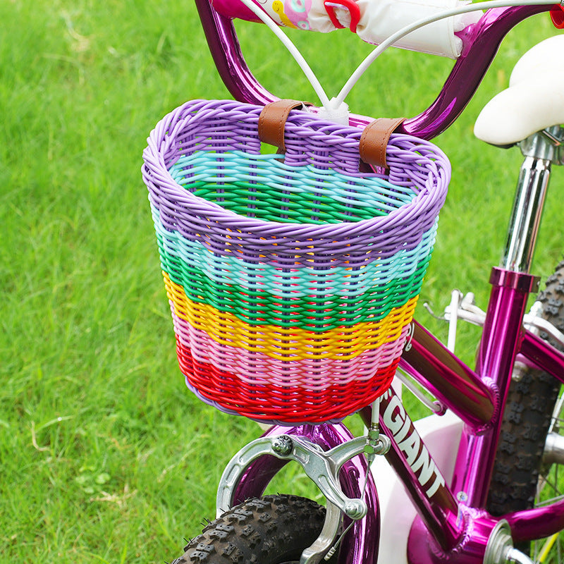 woven front bicycle basket with adjustable leather handlebar straps Stornfield