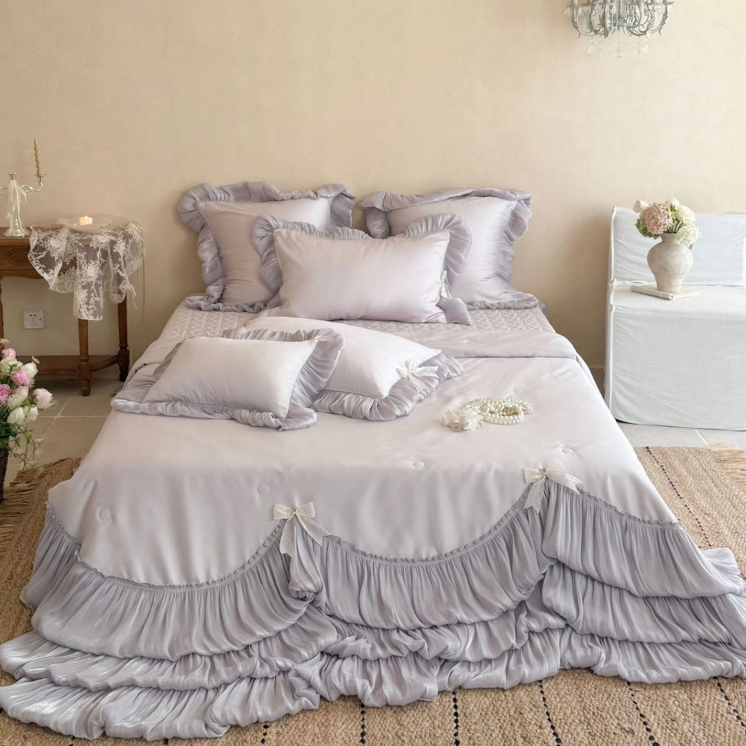 Layered Pleated Satin-Feel Tiered Bedspread Set with Ruffled Pillow Shams