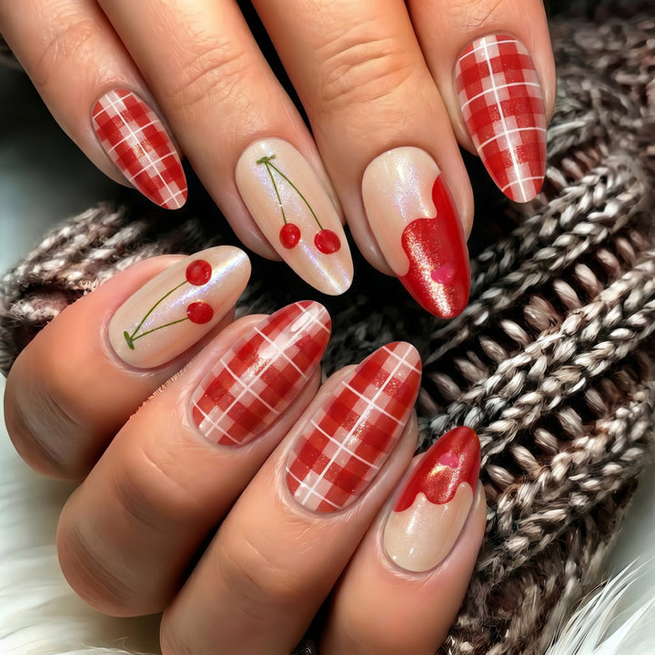 Artificial nails with romantic cherry and checkered pattern Stornfield