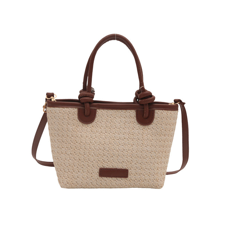 Woven Straw Tote Handbag with Leather Accents