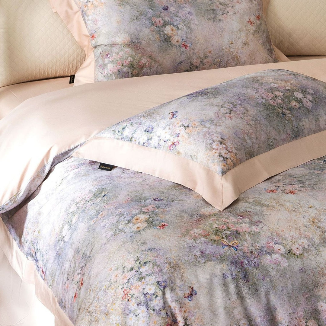Floral Watercolor Cotton Sateen Duvet Cover Set with Contrast Hem