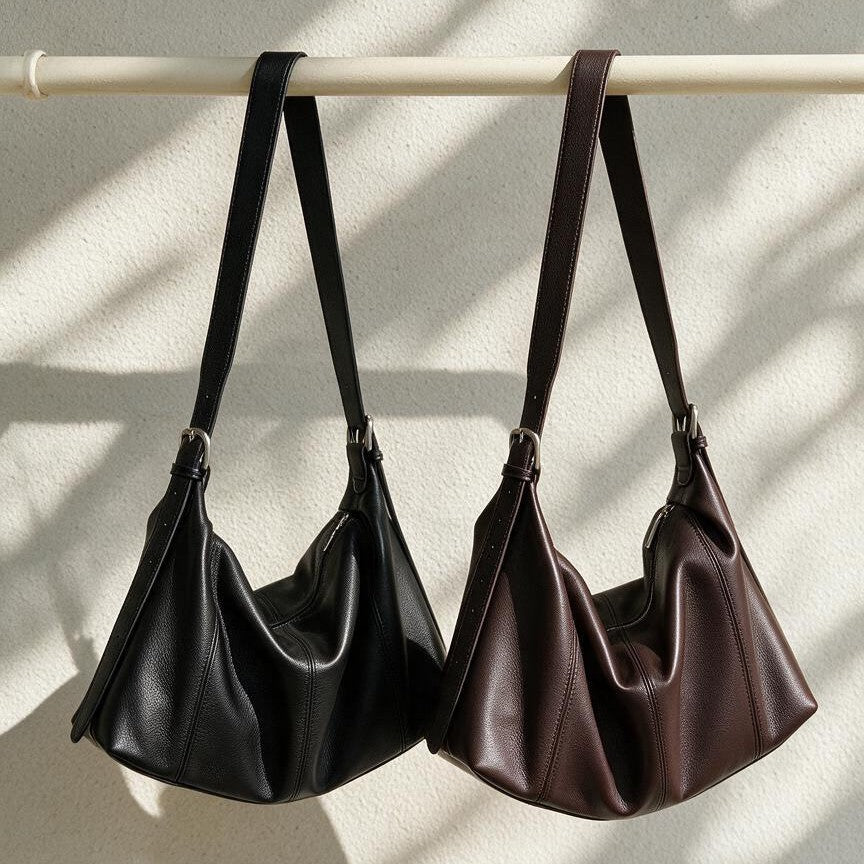 Curved-Side Pebbled Leather Slouchy Shoulder Hobo with Adjustable Buckle Straps