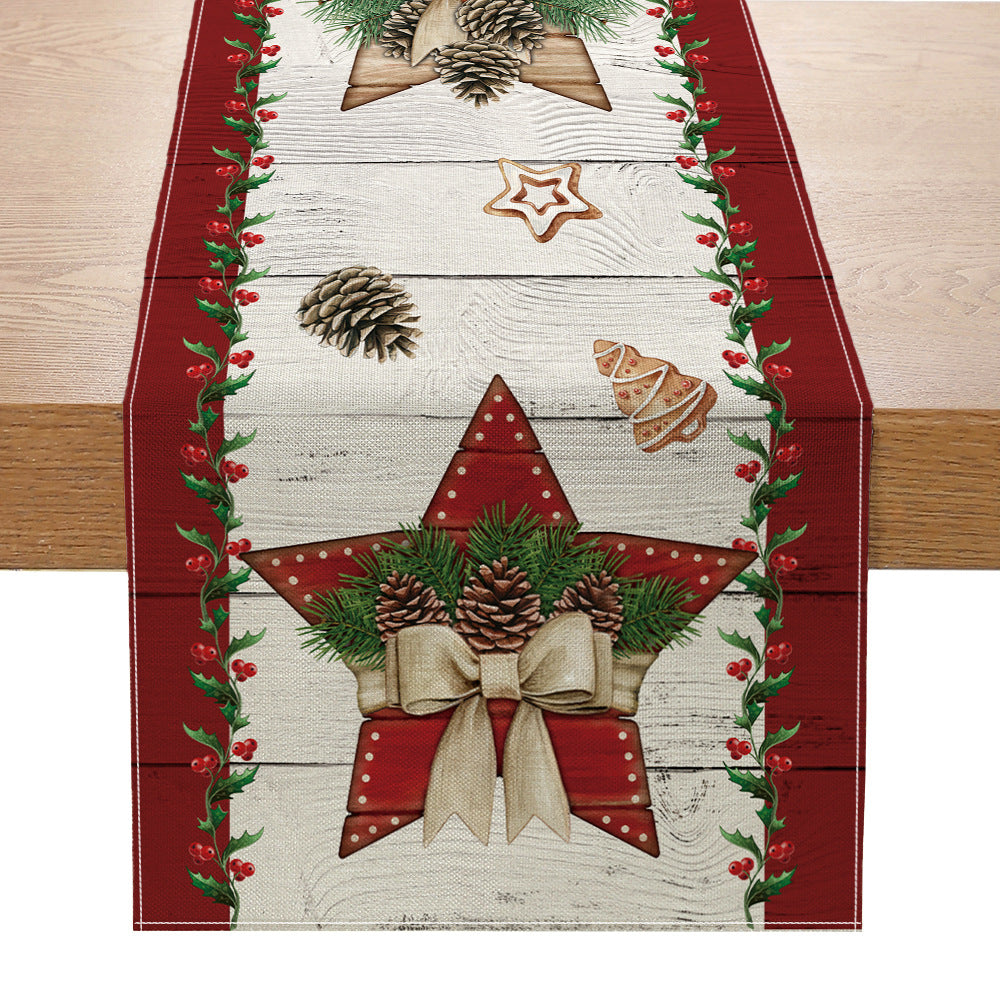 Holiday Buffalo-Check Cotton-Linen Decorative Table Runner with Golden Bells Wreath and Candy Cane Motif