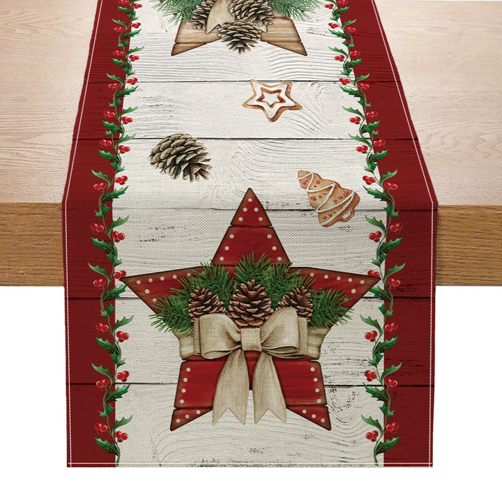 Holiday Buffalo-Check Cotton-Linen Decorative Table Runner with Golden Bells Wreath and Candy Cane Motif