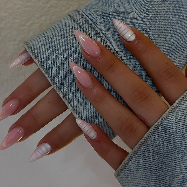 Elegant Almond-Shaped Press-On Nail Set with Striped and Solid Design Stornfield