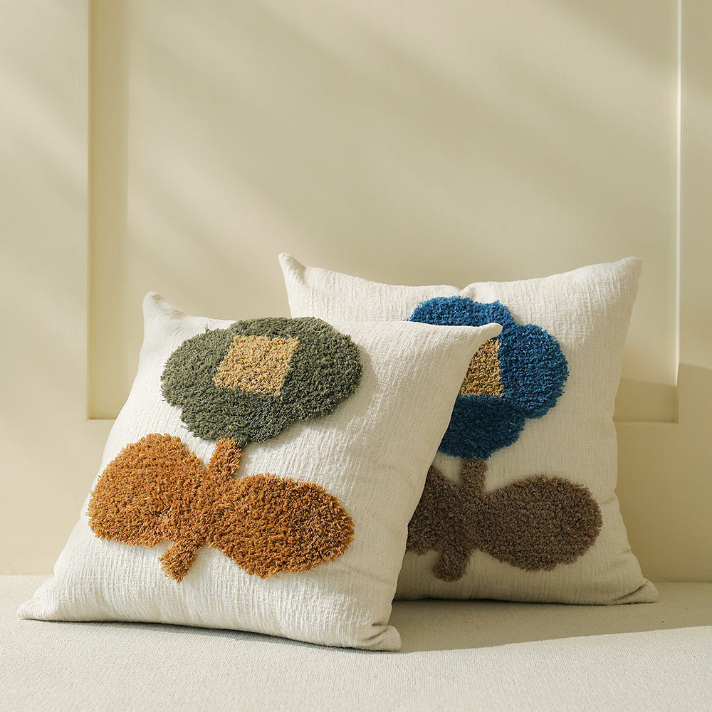 Decorative tufted cushion cover with hand-tufted flower applique Stornfield