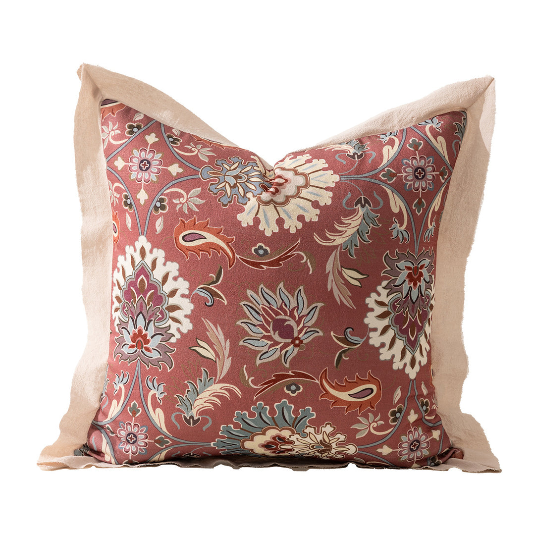 Square decorative cushion with mandala-like jacquard pattern and linen flange