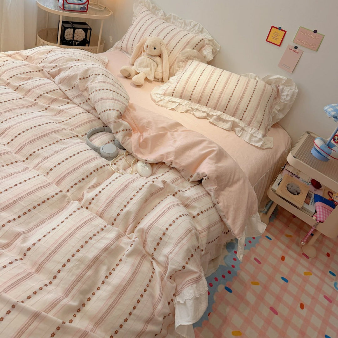 French Cottage Ruffled Cotton Duvet Cover Set with Striped Floral Embroidery and Frilled Pillow Shams