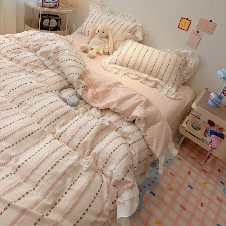French Cottage Ruffled Cotton Duvet Cover Set with Striped Floral Embroidery and Frilled Pillow Shams