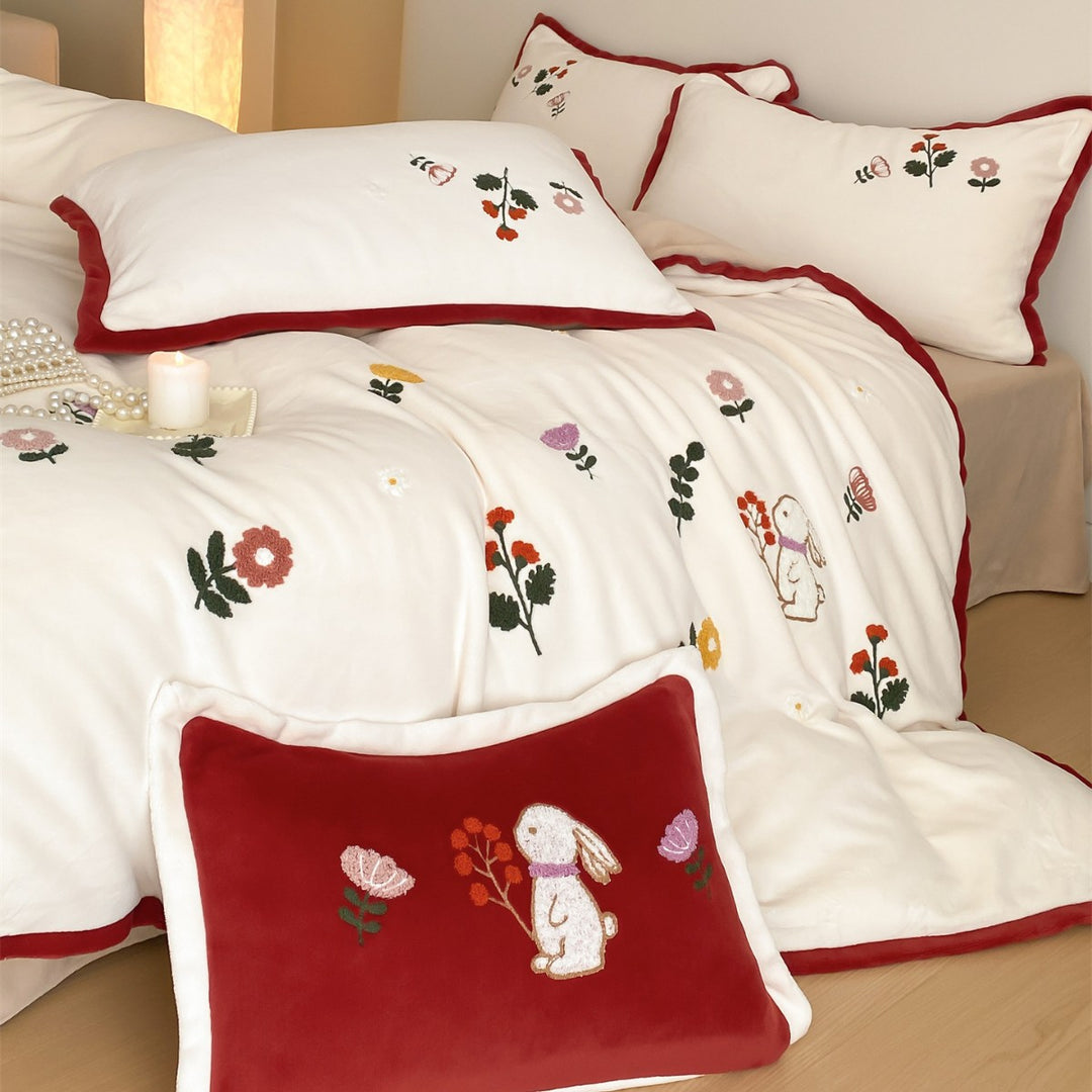 Embroidered Bunny Floral Cotton-Sateen Duvet Cover Set with Piped Edge and Decorative Shams