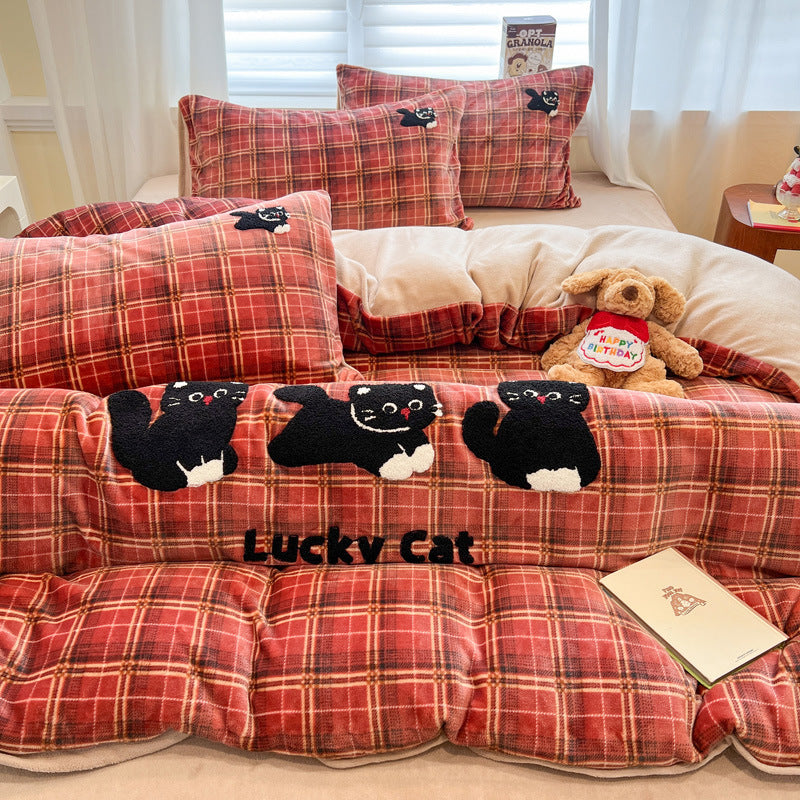 Plush Embroidered Cat Stripe Comforter Bedding Set