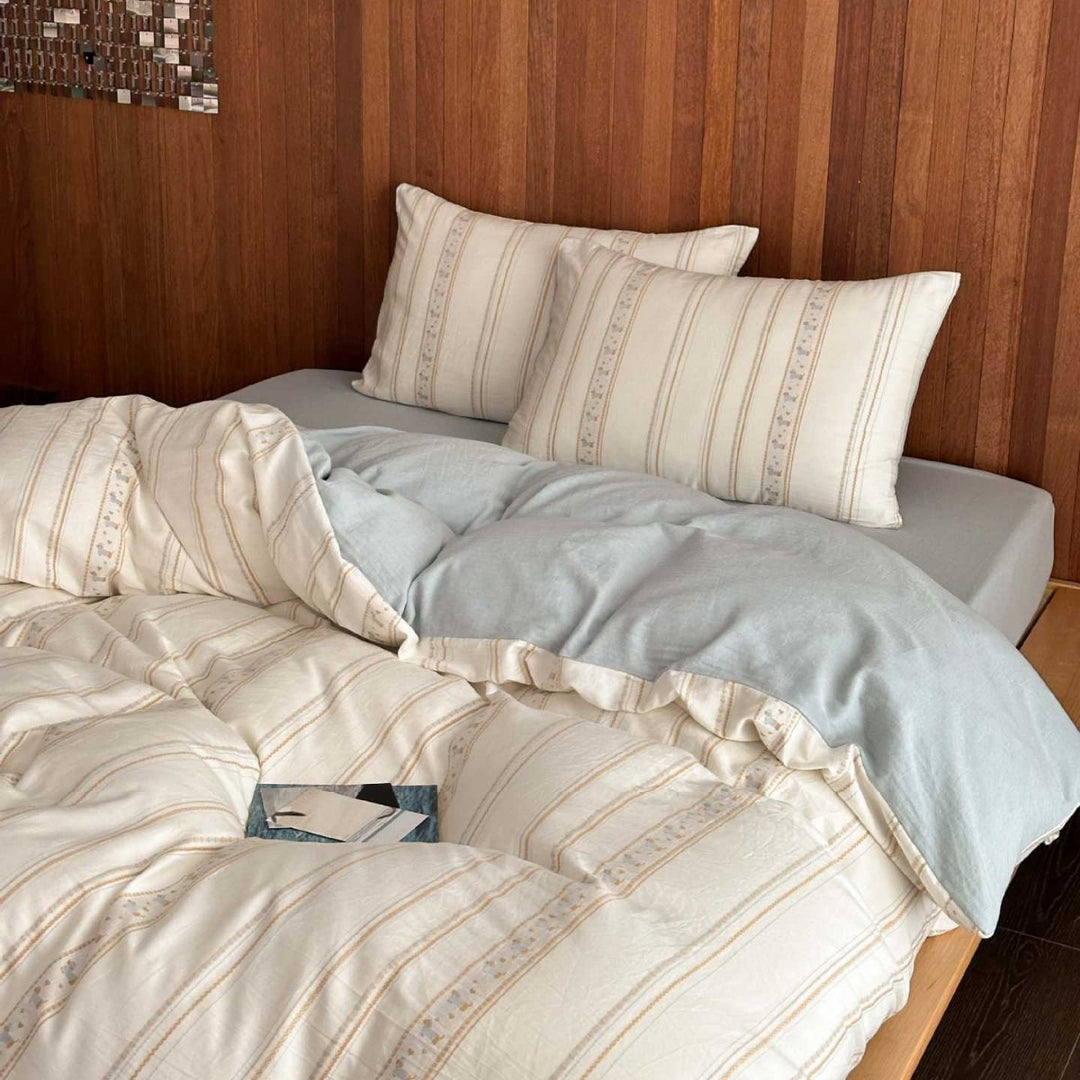 Brushed Cotton Stripe-Embroidered Duvet Cover Set