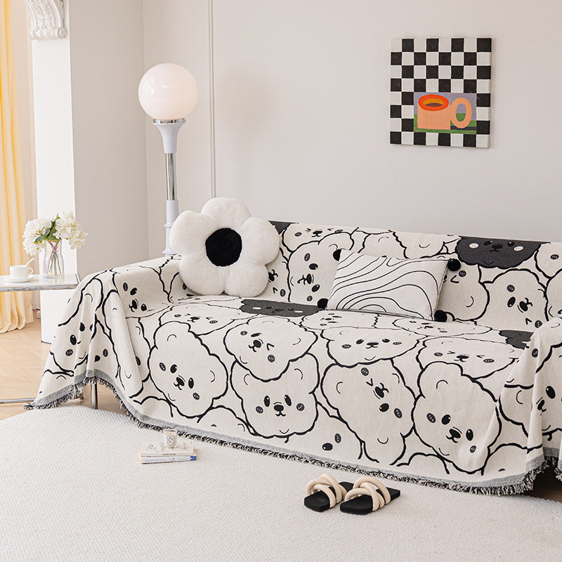 Decorative Woven Sofa Throw Blanket with Cute Teddy Face Motif and Fringed Edges