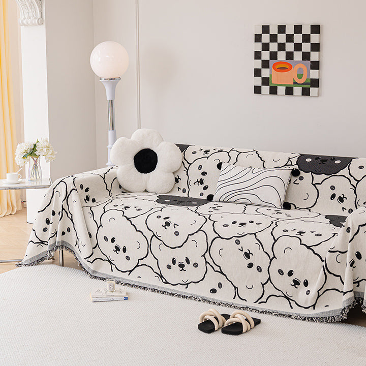 Decorative Woven Sofa Throw Blanket with Cute Teddy Face Motif and Fringed Edges