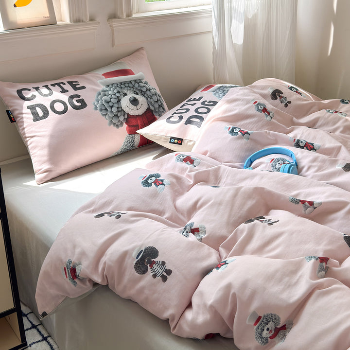 Cotton Printed Duvet Cover Set with Cute Dog Illustration