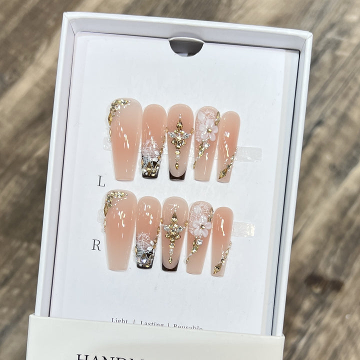 Artistic Reusable Press-On Nail Set with Floral and Gold Accents Stornfield