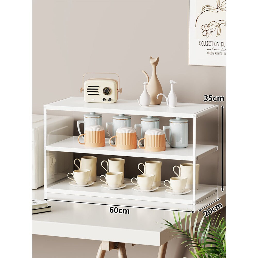 Multi-Level Bamboo-Style Countertop Kitchen Mug and Canister Organizer Shelf with Open Wood Shelves and Slim Metal Frame