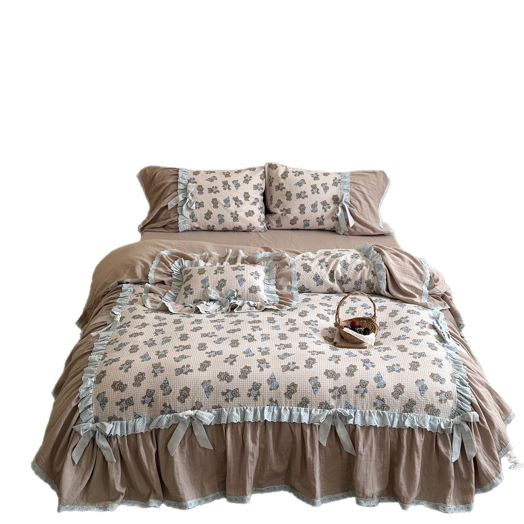 Vintage Ruffled Cotton Quilted Duvet Cover Set with Bow-Tied Pillow Shams & Bedskirt