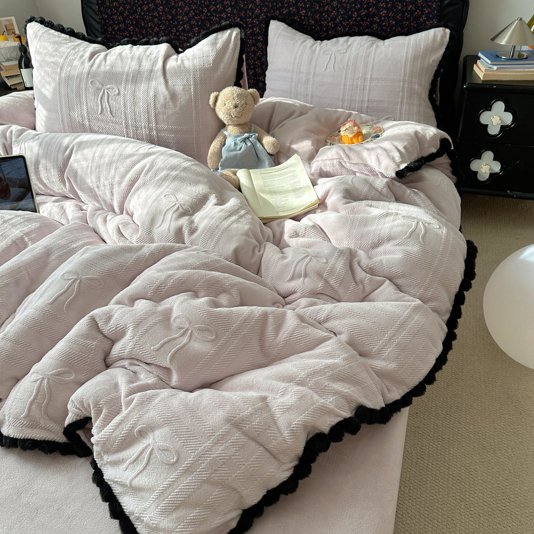 Embossed Bow-Pattern Quilted Comforter Set with Pom-Pom Trim