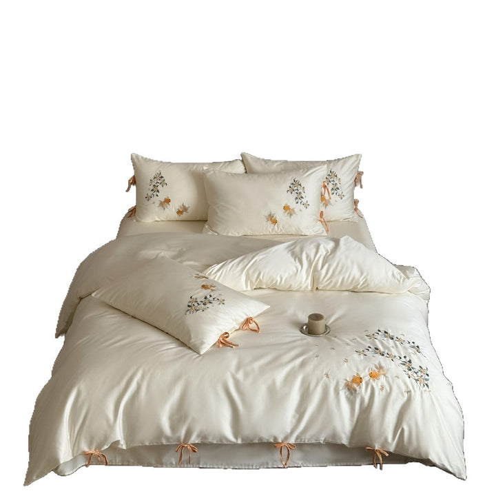 Embroidered Cotton Sateen Duvet Cover Set with Goldfish & Floral Motifs and Velvet Tie Closures