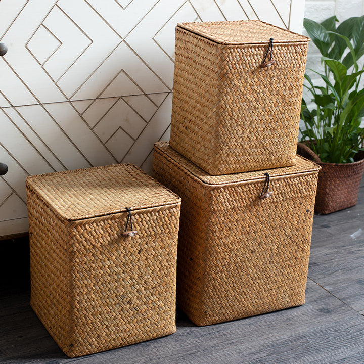 Unisex Rectangular Storage Basket with Lid made of Natural Material Stornfield