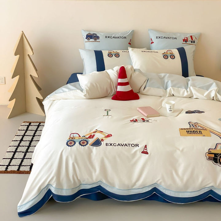 Construction-Themed Cotton Duvet Cover and Pillowcase Set with Truck Appliqué and Scalloped Hem