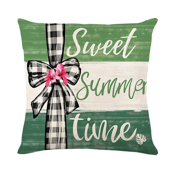Decorative Square Cotton-Linen Throw Pillow Cover with Script Sweet Summer Time and Buffalo Check Ribbon Print