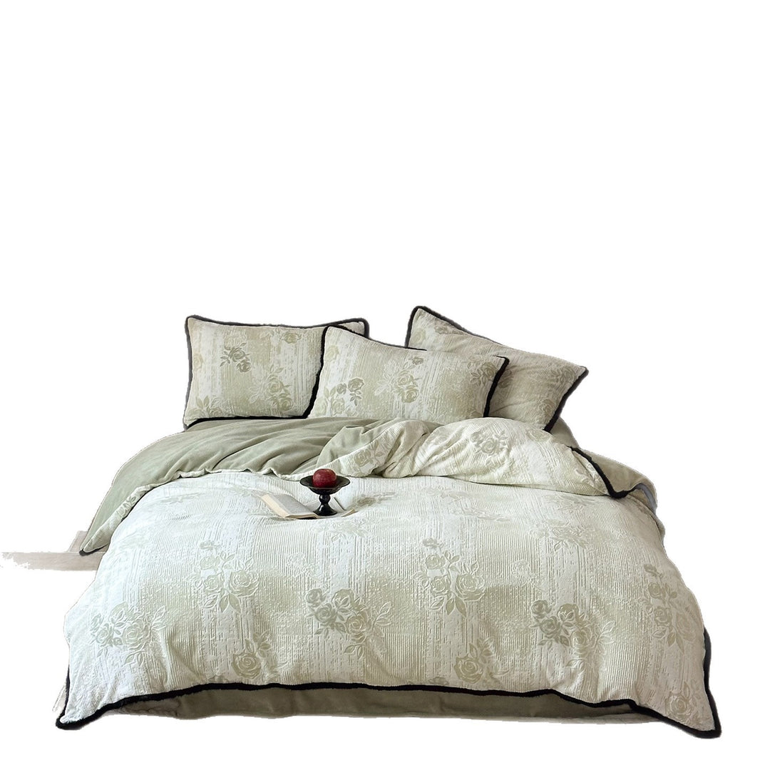 Quilted Jacquard Floral Duvet Cover Set with Contrast Piped Edge and Matching Pillow Shams