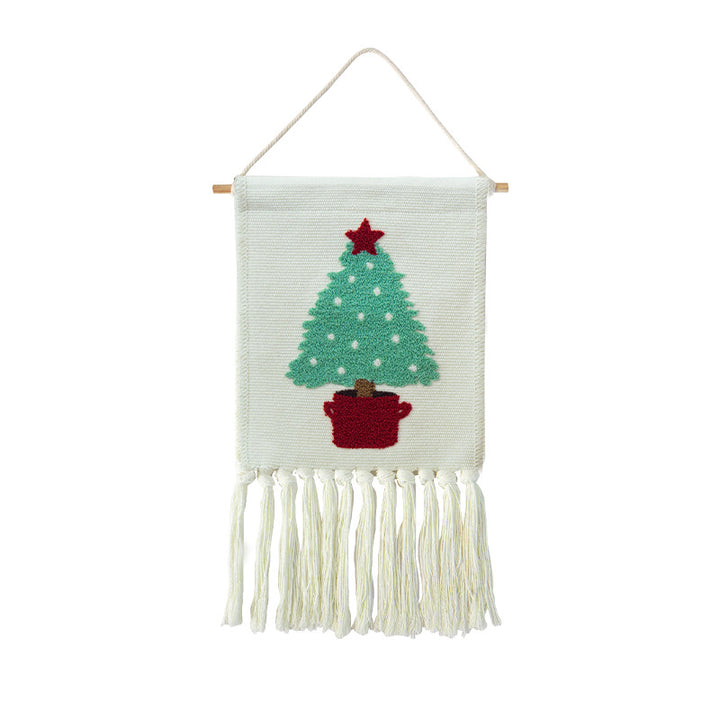 Woven cotton blend wall hanging with tufted cactus motif and cotton fringes Stornfield