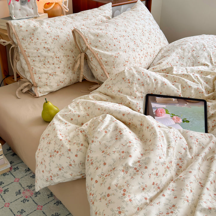 Floral Tie-Closure Cotton-Blend Duvet Cover Set with Ruffled Edge Pillow Shams