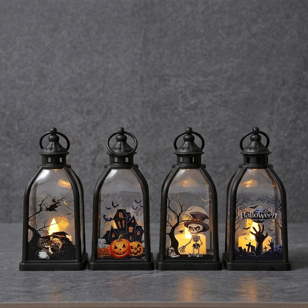 Halloween-Decorative lantern with LED imitation candle and skeleton glass inserts antique look