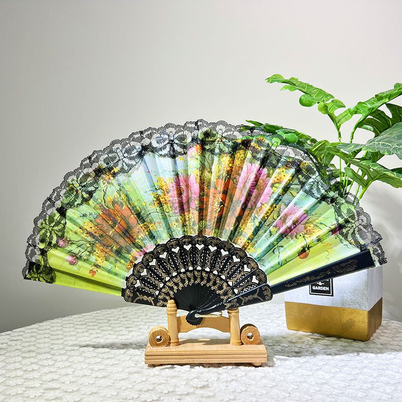 Ladies Elegant Hand Fan with Floral Design and Lace Edges Stornfield