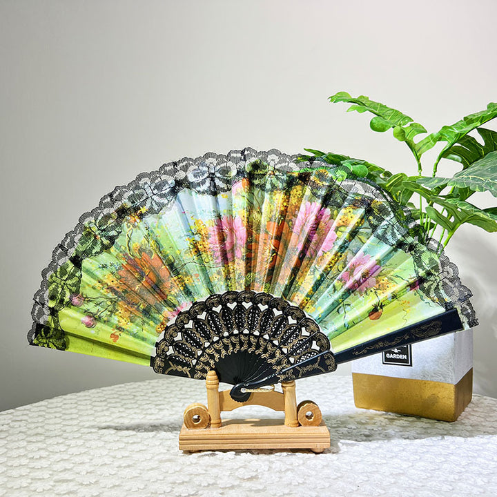 Ladies Elegant Hand Fan with Floral Design and Lace Edges Stornfield