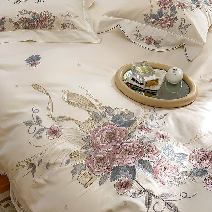Floral Embroidered Cotton Duvet Cover Ensemble with Scalloped Border & Decorative Shams