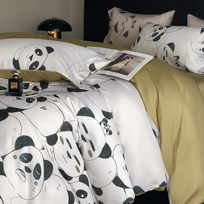 Panda Print Cotton Sateen Duvet Cover Set with Reversible Solid Backing and Button Closure