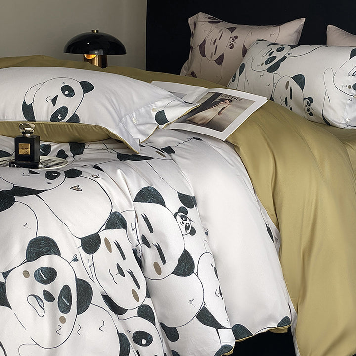 Panda Print Cotton Sateen Duvet Cover Set with Reversible Solid Backing and Button Closure