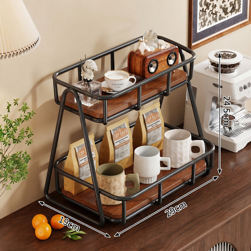 Two Tier Wood-Top Metal Countertop Kitchen Organizer Rack