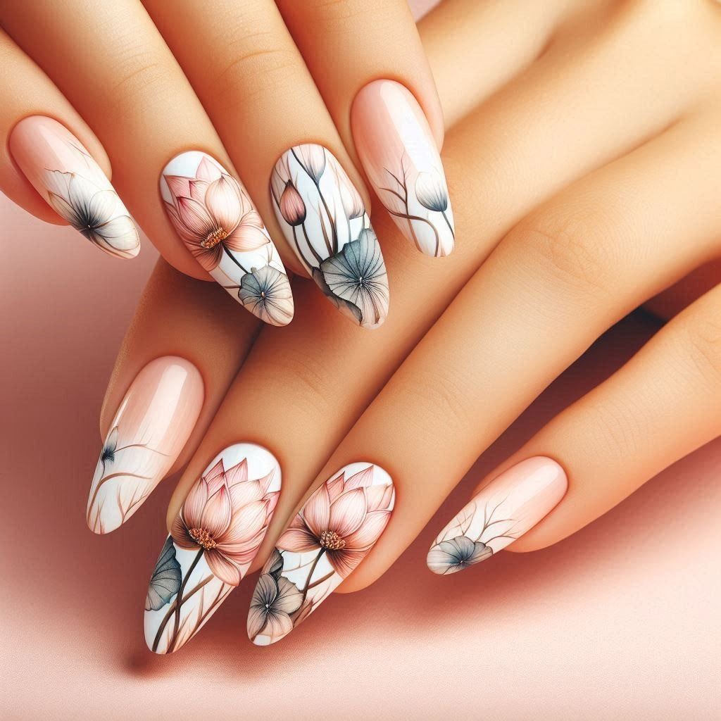 Artificial nail set with floral and artistic motifs Stornfield