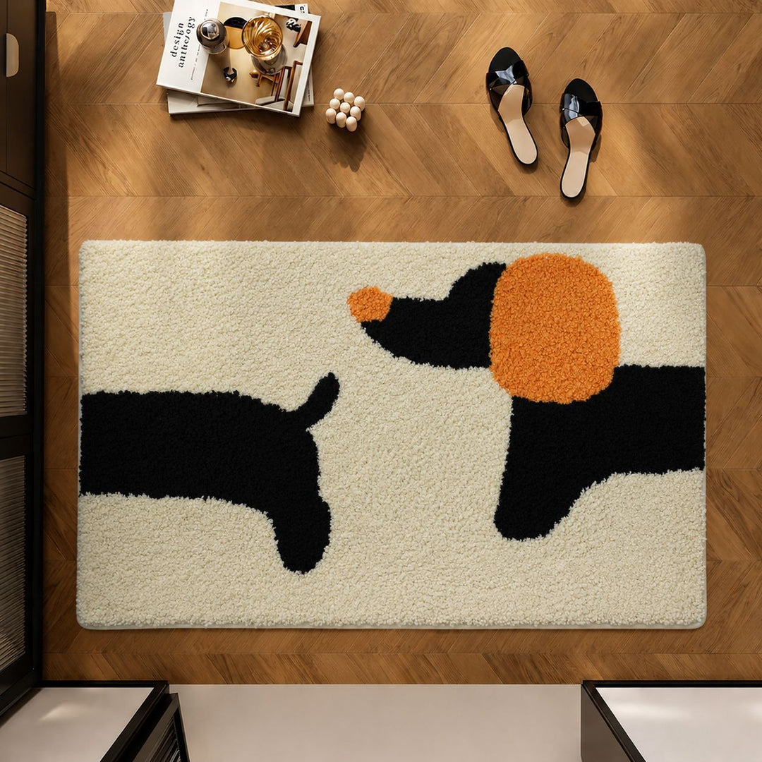 Tufted Shag Rectangular Accent Floor Rug with Stylized Dog Silhouette Motif